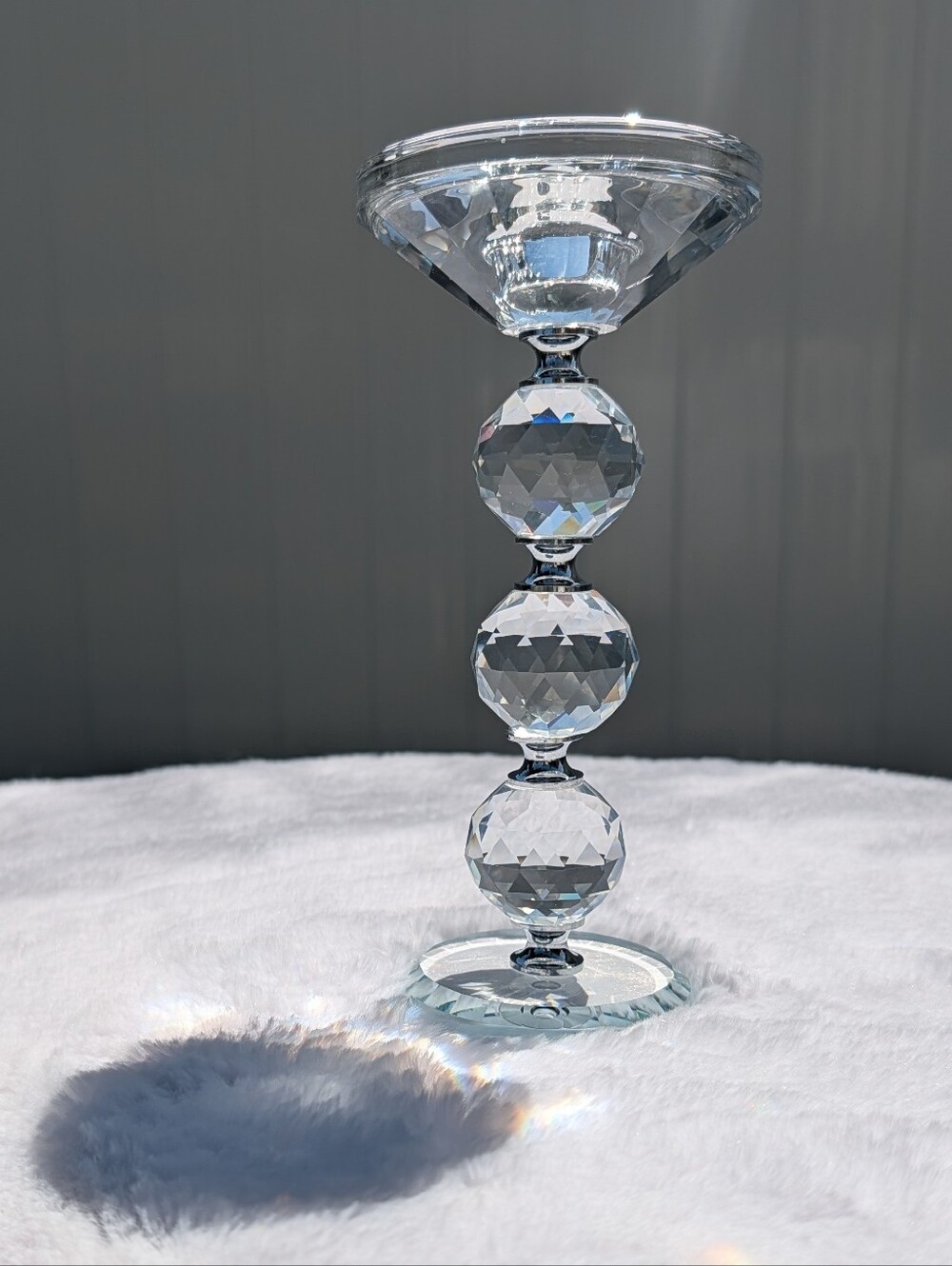 Faceted Crystal Ball Stem Candle Holder Clear Chrome Trim Great Condition Unused